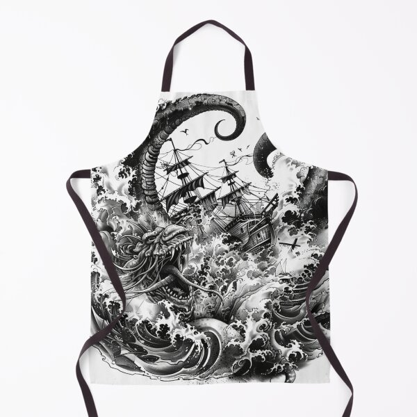 Item preview, Kraken Attacking Pirate Ship Black and White Tattoo 1 designed and sold by AstroRisq.