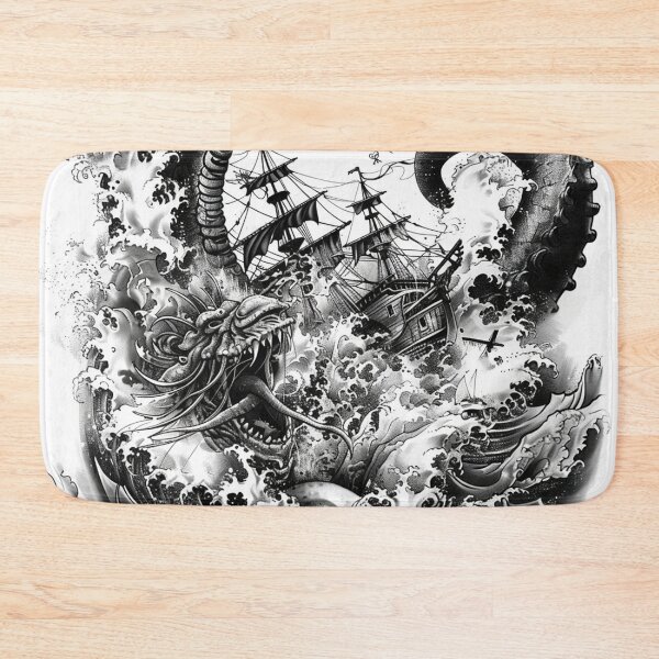 Item preview, Kraken Attacking Pirate Ship Black and White Tattoo 1 designed and sold by AstroRisq.