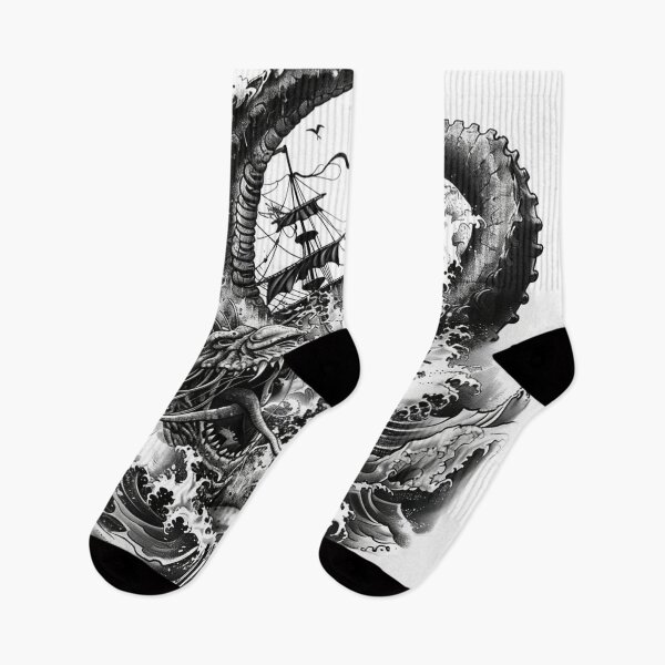 Item preview, Kraken Attacking Pirate Ship Black and White Tattoo 1 designed and sold by AstroRisq.