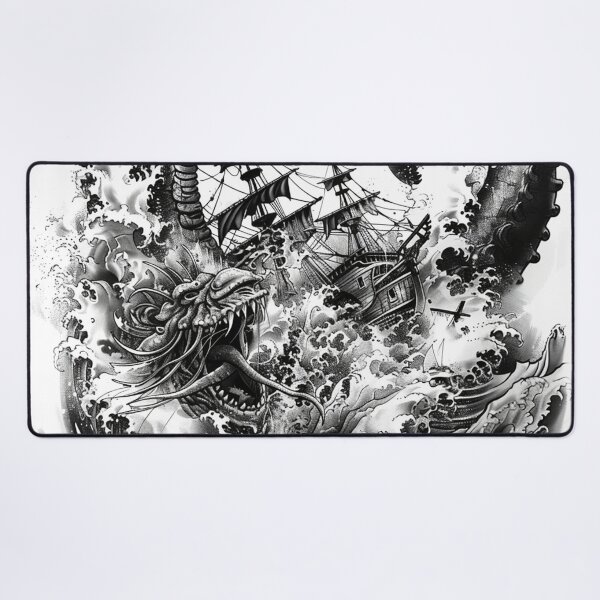 Item preview, Kraken Attacking Pirate Ship Black and White Tattoo 1 designed and sold by AstroRisq.