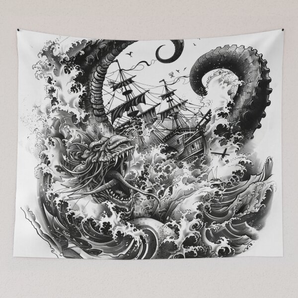 Item preview, Kraken Attacking Pirate Ship Black and White Tattoo 1 designed and sold by AstroRisq.
