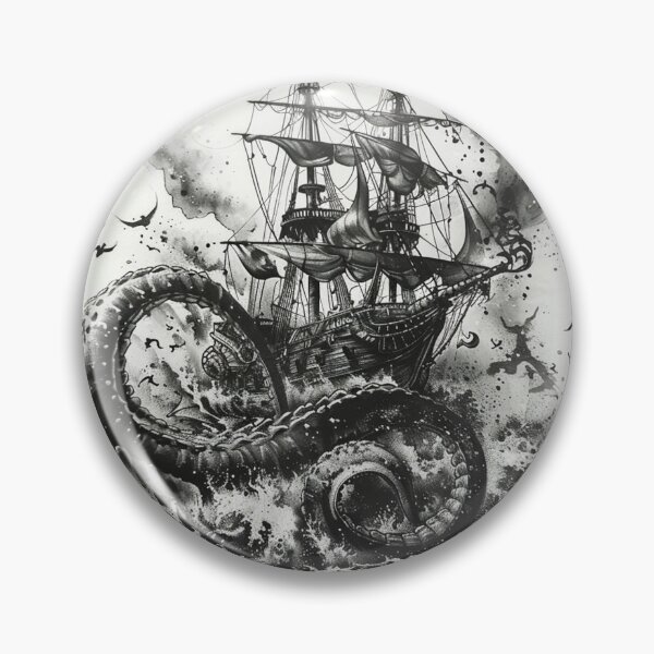 Item preview, Kraken Attacking Pirate Ship Black and White Tattoo 2 designed and sold by AstroRisq.