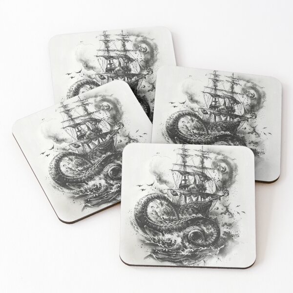 Item preview, Kraken Attacking Pirate Ship Black and White Tattoo 2 designed and sold by AstroRisq.