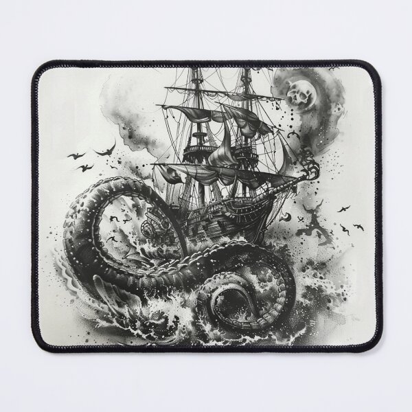 Item preview, Kraken Attacking Pirate Ship Black and White Tattoo 2 designed and sold by AstroRisq.