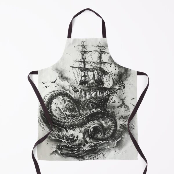 Item preview, Kraken Attacking Pirate Ship Black and White Tattoo 2 designed and sold by AstroRisq.