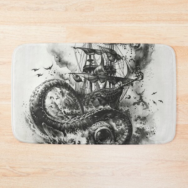 Item preview, Kraken Attacking Pirate Ship Black and White Tattoo 2 designed and sold by AstroRisq.