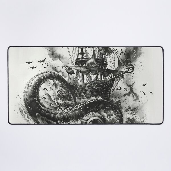 Item preview, Kraken Attacking Pirate Ship Black and White Tattoo 2 designed and sold by AstroRisq.