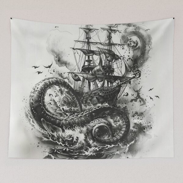 Item preview, Kraken Attacking Pirate Ship Black and White Tattoo 2 designed and sold by AstroRisq.