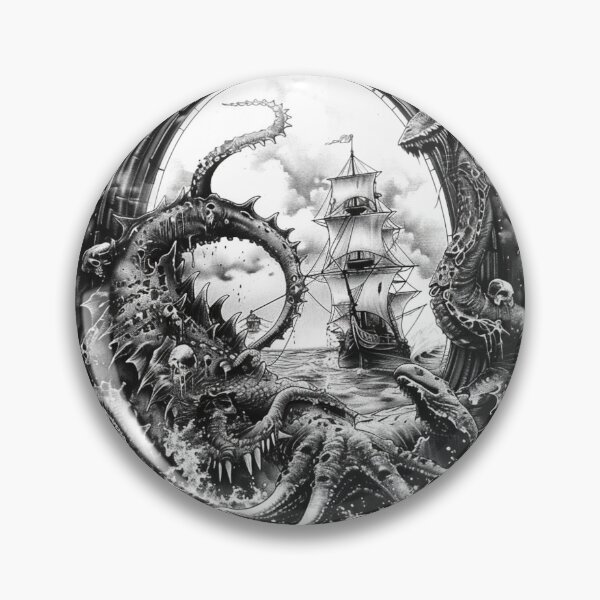 Item preview, Kraken Attacking Pirate Ship Black and White Tattoo 3 designed and sold by AstroRisq.