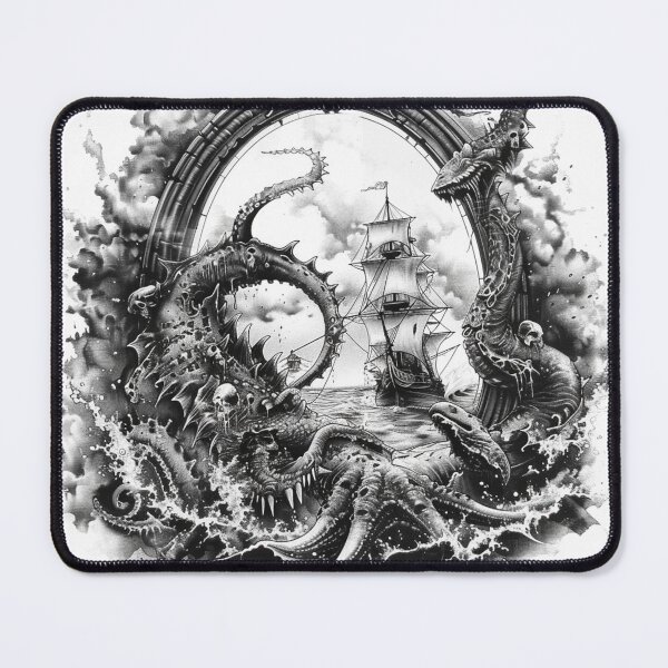 Item preview, Kraken Attacking Pirate Ship Black and White Tattoo 3 designed and sold by AstroRisq.