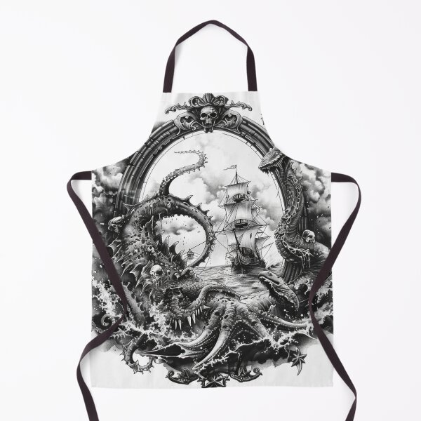 Item preview, Kraken Attacking Pirate Ship Black and White Tattoo 3 designed and sold by AstroRisq.