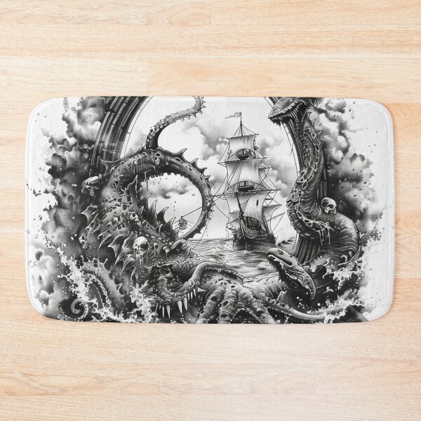 Item preview, Kraken Attacking Pirate Ship Black and White Tattoo 3 designed and sold by AstroRisq.