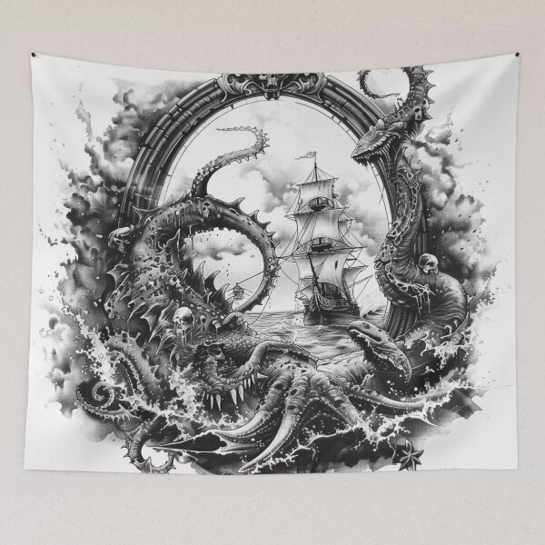 Item preview, Kraken Attacking Pirate Ship Black and White Tattoo 3 designed and sold by AstroRisq.