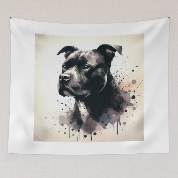 Artikelvorschau, Schwarz-weißes Staffy-Aquarell-Portrait entworfen und verkauft von MaedK.