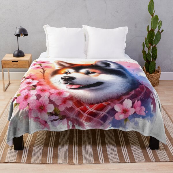 Item preview, Colorful Japanese Akita in Cherry Blossoms Watercolor Portrait designed and sold by MaedK.