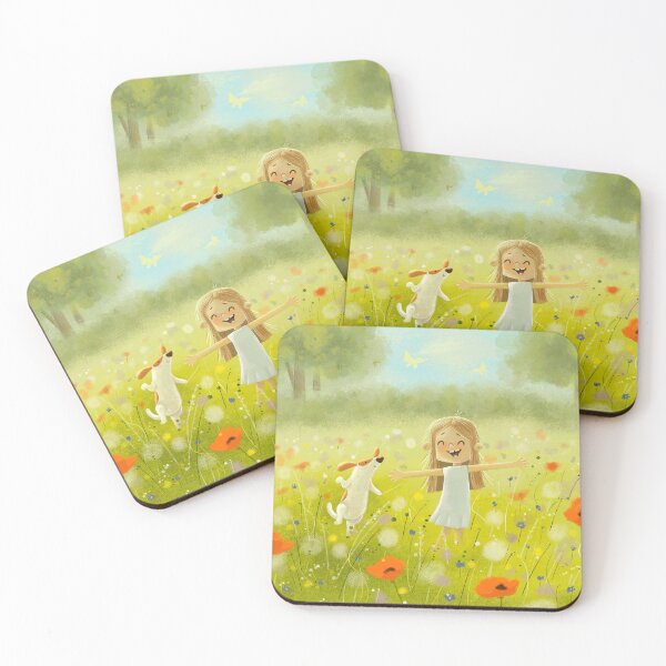 Item preview, Bright summer desigh with a happy girl and her jacket Russell terrier dog having fun among field flowers designed and sold by volhakaliaha.