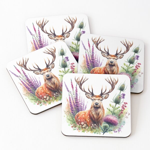 Item preview, Majestic Scottish Highland Stag in Thistles Colorful Watercolor designed and sold by MaedK.