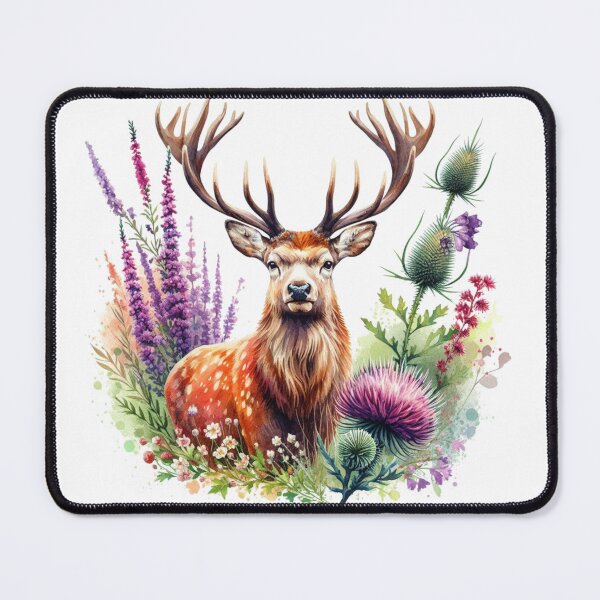 Item preview, Majestic Scottish Highland Stag in Thistles Colorful Watercolor designed and sold by MaedK.