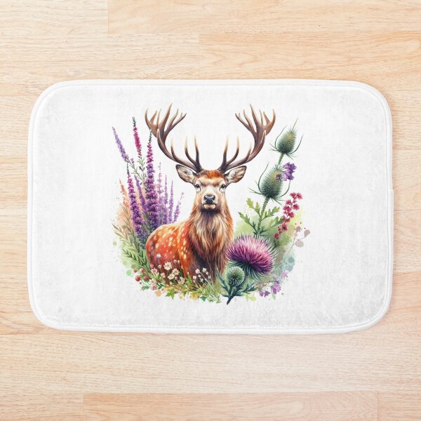 Aperçu de l'œuvre Majestueux cerf des Highlands écossais en aquarelle colorée de chardons créée et vendue par MaedK.