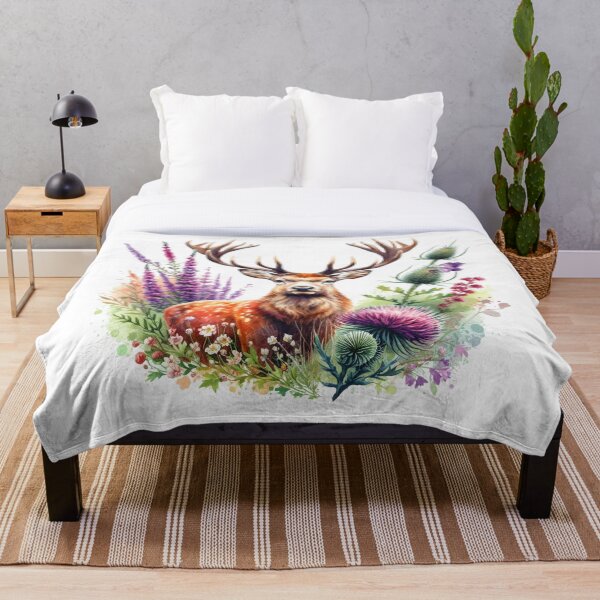 Item preview, Majestic Scottish Highland Stag in Thistles Colorful Watercolor designed and sold by MaedK.