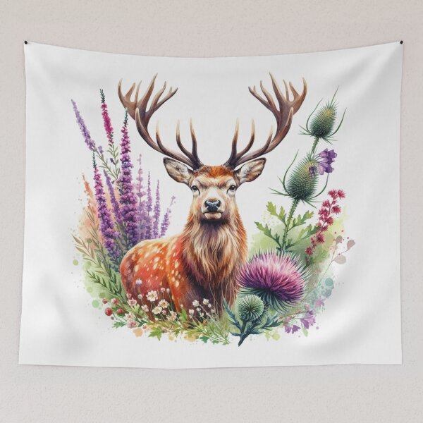Item preview, Majestic Scottish Highland Stag in Thistles Colorful Watercolor designed and sold by MaedK.