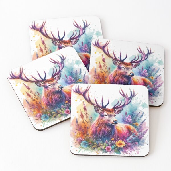 Item preview, Majestic Scottish Highland Stag in Flowers Colorful Watercolor designed and sold by MaedK.