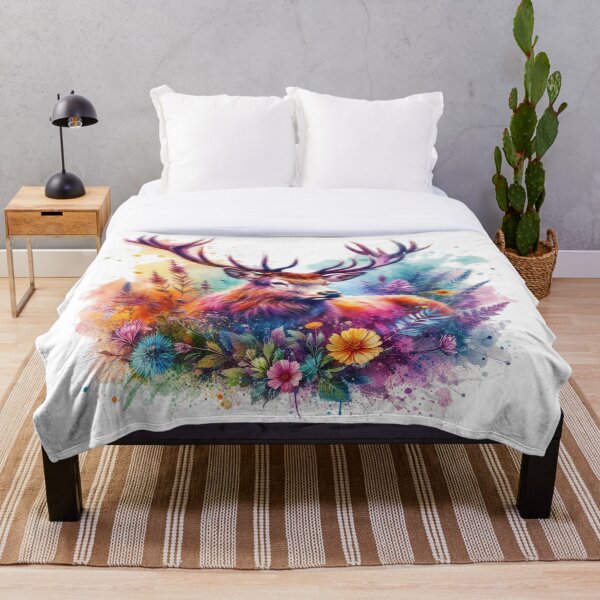 Item preview, Majestic Scottish Highland Stag in Flowers Colorful Watercolor designed and sold by MaedK.