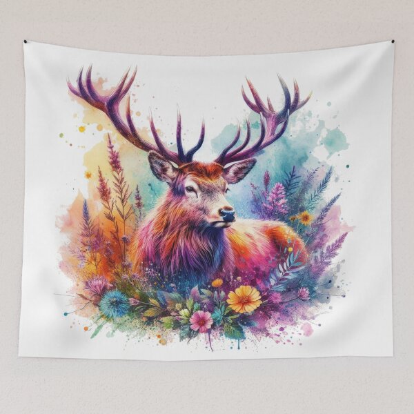 Item preview, Majestic Scottish Highland Stag in Flowers Colorful Watercolor designed and sold by MaedK.