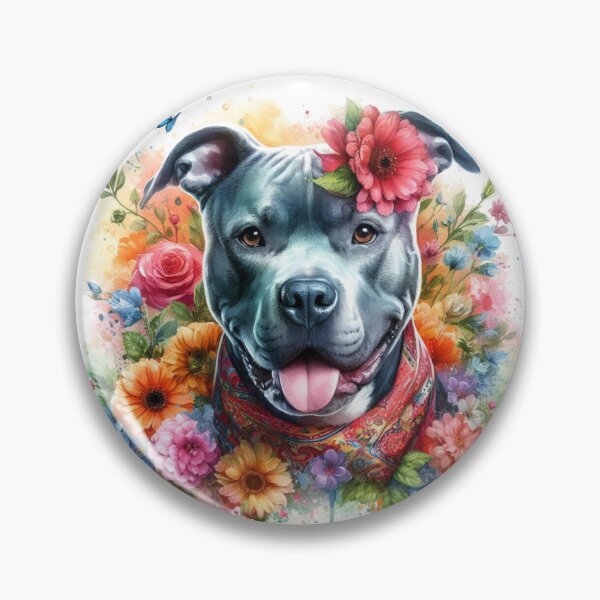 Item preview, Beautiful Happy Blue Staffy Watercolor Portrait with Flowers designed and sold by MaedK.