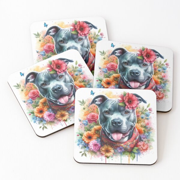 Item preview, Beautiful Happy Blue Staffy Watercolor Portrait with Flowers designed and sold by MaedK.