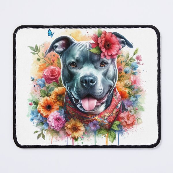 Item preview, Beautiful Happy Blue Staffy Watercolor Portrait with Flowers designed and sold by MaedK.