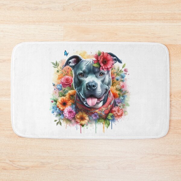 Item preview, Beautiful Happy Blue Staffy Watercolor Portrait with Flowers designed and sold by MaedK.