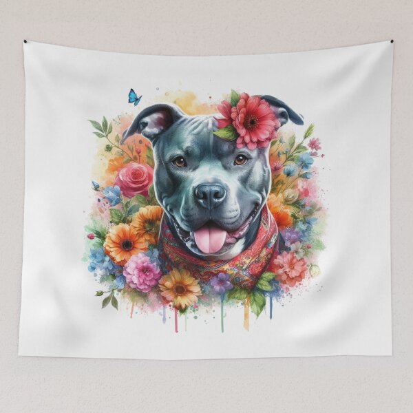 Item preview, Beautiful Happy Blue Staffy Watercolor Portrait with Flowers designed and sold by MaedK.