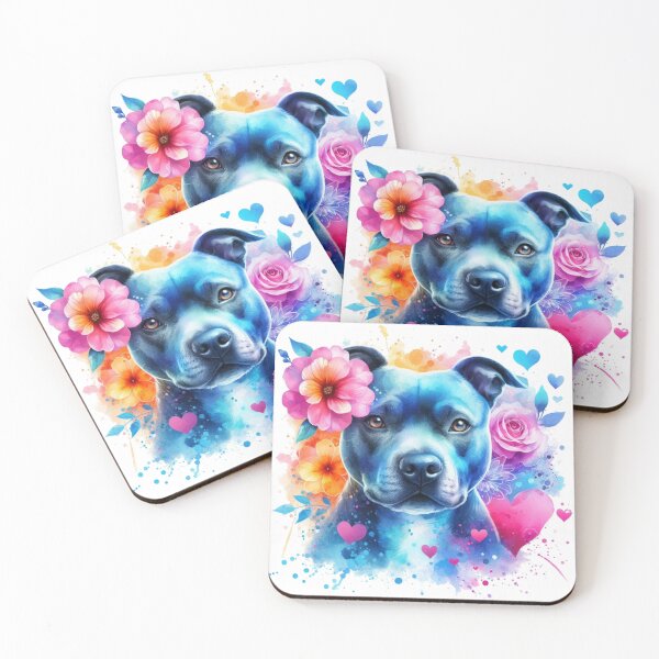 Item preview, Beautiful Blue Staffy Watercolor Portrait with Hearts and Flowers designed and sold by MaedK.