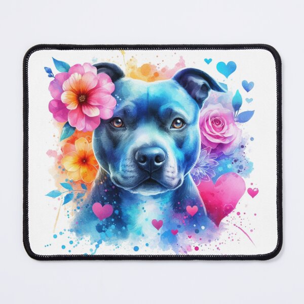 Item preview, Beautiful Blue Staffy Watercolor Portrait with Hearts and Flowers designed and sold by MaedK.
