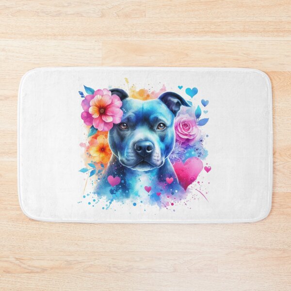 Item preview, Beautiful Blue Staffy Watercolor Portrait with Hearts and Flowers designed and sold by MaedK.