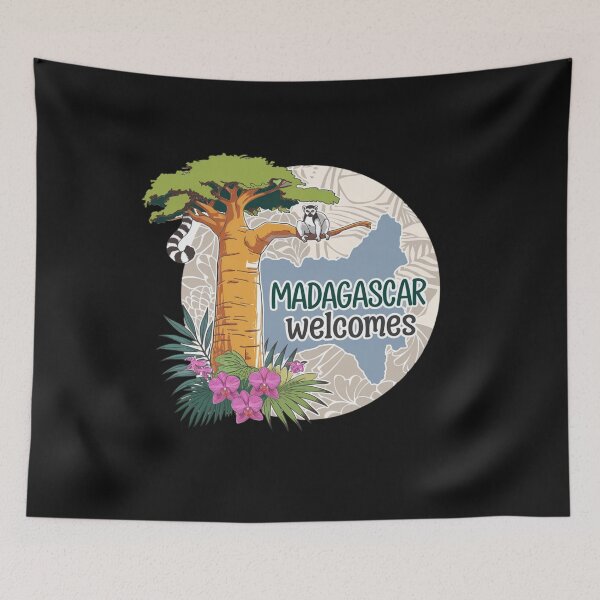 Item preview,  Madagascar Welcomes Flag Map Lemurs, baobabs, Tsingy designed and sold by AnimalsDH305.