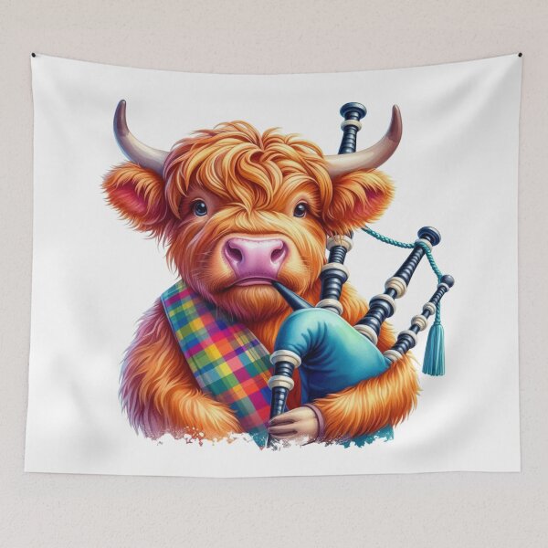 Item preview, Cute Scottish Highland Cow Bagpiper Colorful Fun Watercolor designed and sold by MaedK.