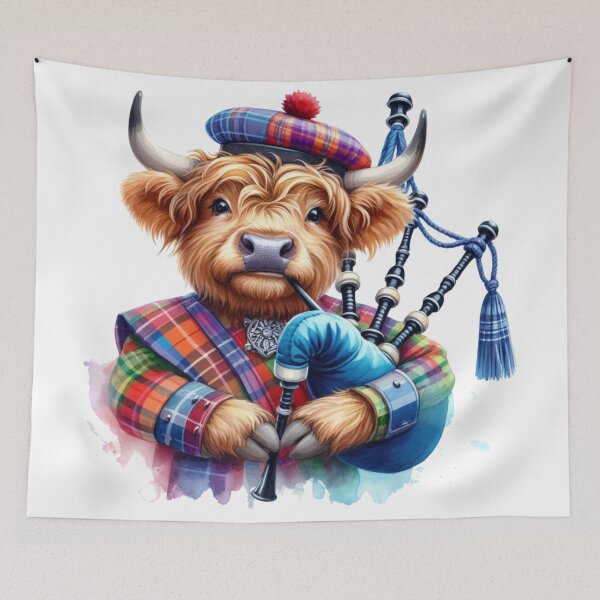 Item preview, Cute Scottish Highland Cow Bagpiper Colorful Fun Watercolor designed and sold by MaedK.