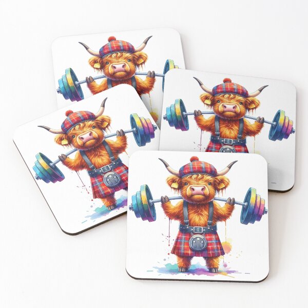 Item preview, Cute Scottish Highland Cow Weightlifting Colorful Fun Watercolor designed and sold by MaedK.