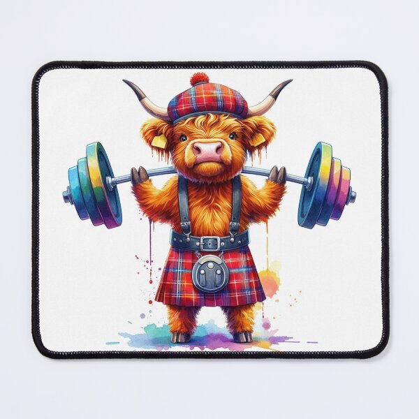 Item preview, Cute Scottish Highland Cow Weightlifting Colorful Fun Watercolor designed and sold by MaedK.