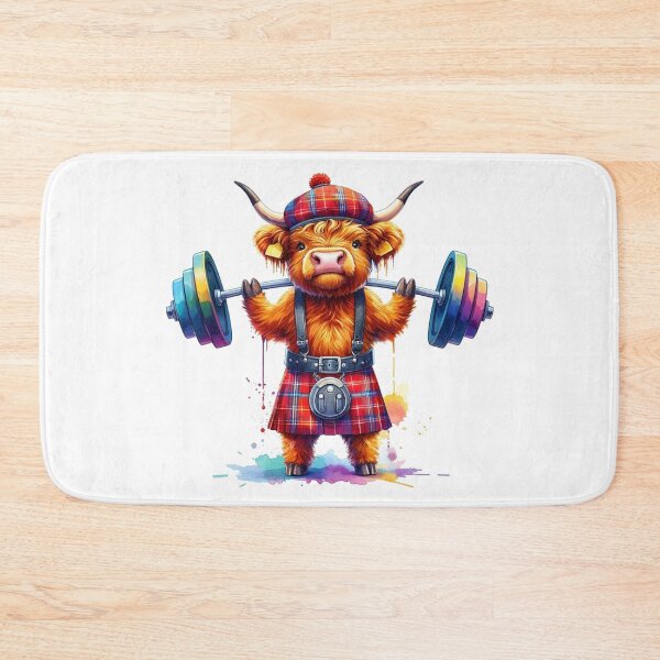 Item preview, Cute Scottish Highland Cow Weightlifting Colorful Fun Watercolor designed and sold by MaedK.