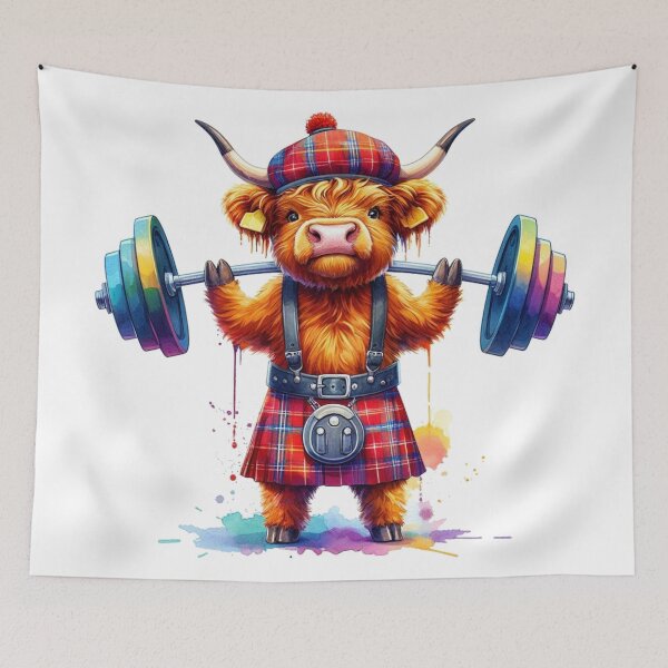 Item preview, Cute Scottish Highland Cow Weightlifting Colorful Fun Watercolor designed and sold by MaedK.