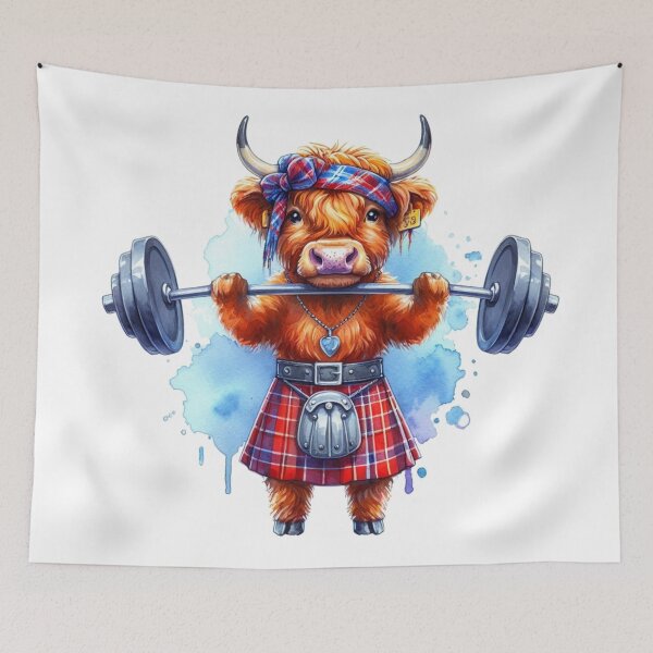 Item preview, Cute Scottish Highland Cow Weightlifting Colorful Fun Watercolor designed and sold by MaedK.