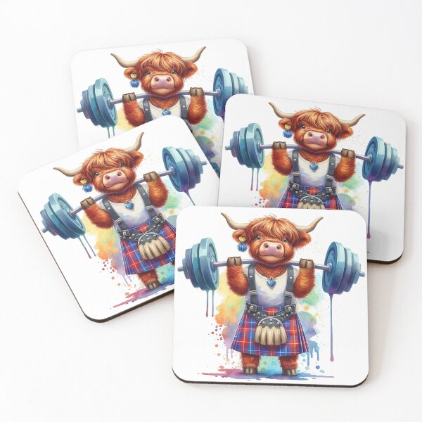 Item preview, Cute Scottish Highland Cow Weightlifting Colorful Fun Watercolor designed and sold by MaedK.
