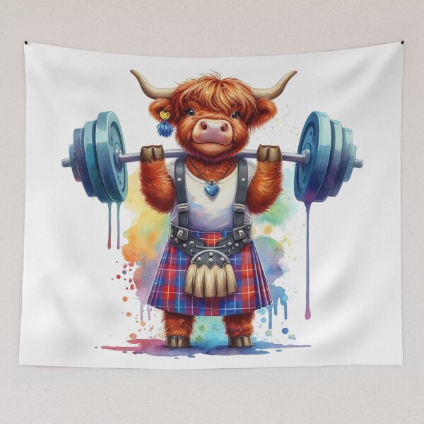 Item preview, Cute Scottish Highland Cow Weightlifting Colorful Fun Watercolor designed and sold by MaedK.