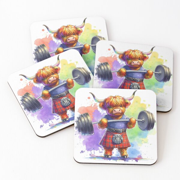 Item preview, Cute Scottish Highland Cow Weightlifting Colorful Fun Watercolor designed and sold by MaedK.
