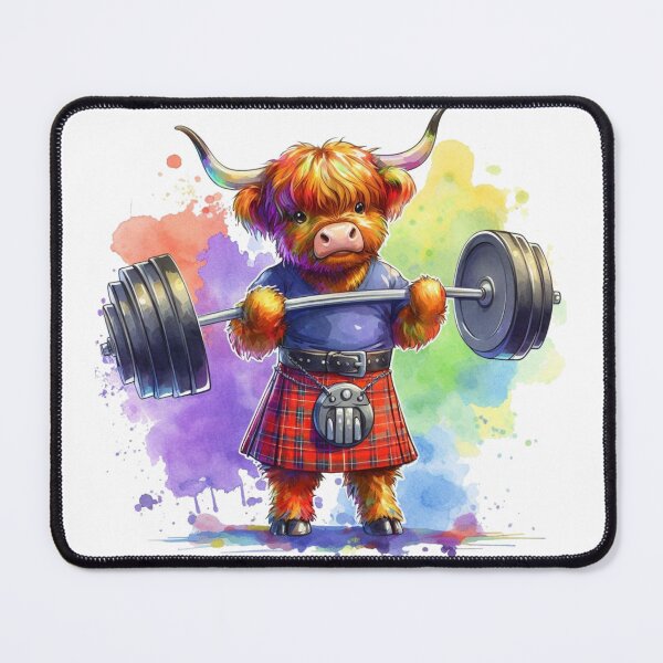 Item preview, Cute Scottish Highland Cow Weightlifting Colorful Fun Watercolor designed and sold by MaedK.