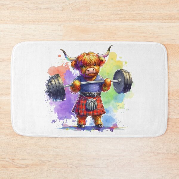 Item preview, Cute Scottish Highland Cow Weightlifting Colorful Fun Watercolor designed and sold by MaedK.