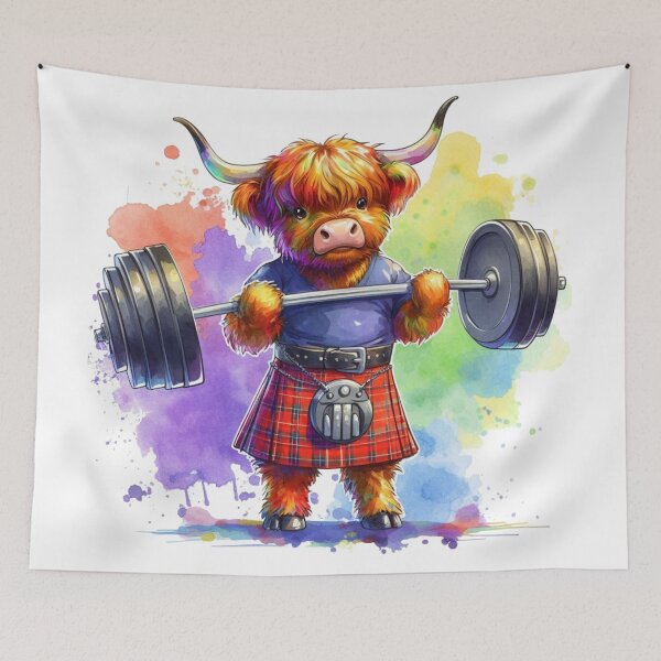 Item preview, Cute Scottish Highland Cow Weightlifting Colorful Fun Watercolor designed and sold by MaedK.